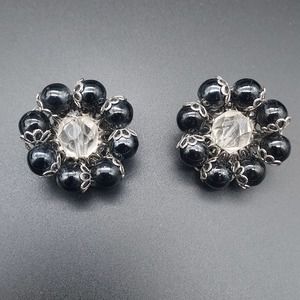 Freirich Black Beaded Flower Clip On Earrings Vintage Costume jewelry